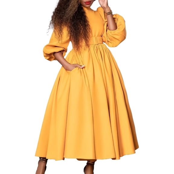 Womens Elegant Pleated Long Dresses Fall Lantern Flowy Swing Pleated Maxi Dress