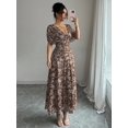 thumbnail image 3 of Chocolate Brown Womens V-Neck Off-Shoulder Puff Sleeve Ruched Waist A-Line Floral Maxi Dress, 3 of 7
