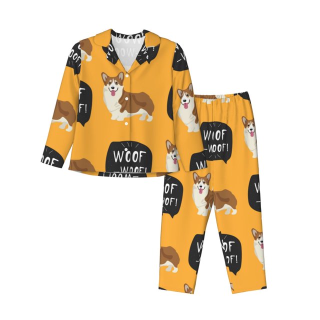 Balery Corgi Conjunto de Pijama con Estampado para Mujer, Conjunto de Dos Piezas con Manga Larga, Ropa de Dormir Suave con Bolsillos, Pijamas Cómodos-XX-Large