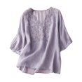 thumbnail image 2 of Pincandy Women Spring Summer and Linen Loose New Half-sleeve Blouse Pullover Floral Embroidery Linen Shirts 3/4 Sleeve Round Neck Babydoll Tops Blouses,Purple,2XL, 2 of 3
