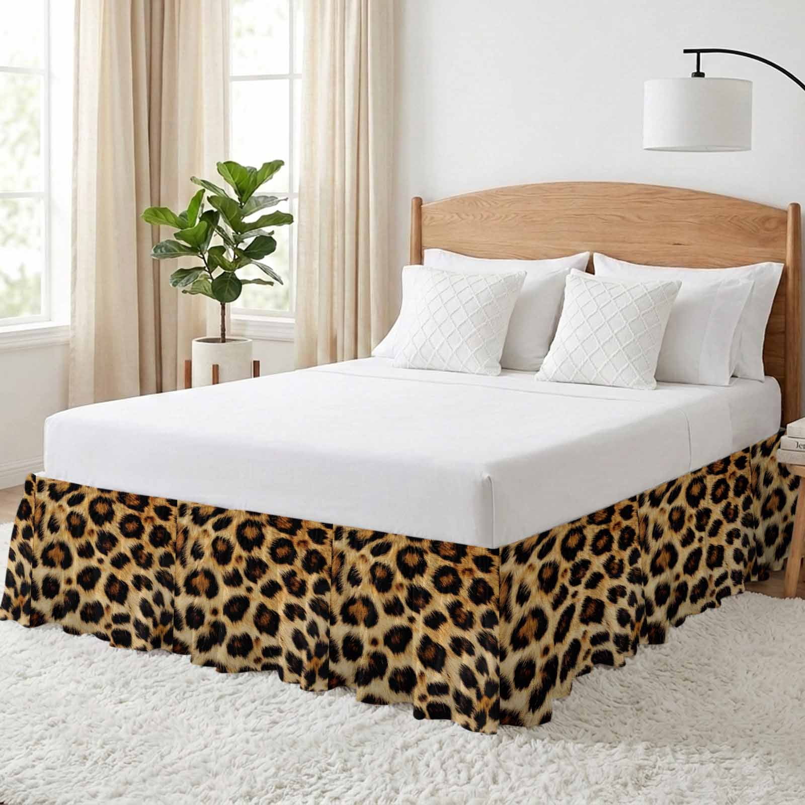 Bed Skirt Fashion Wild Style Adjustable Elastic Wrap-Around Dust Ruffle with Vintage Brown Leopard Print 16 Inch Drop, Bed Frame Cover for King Size Bed