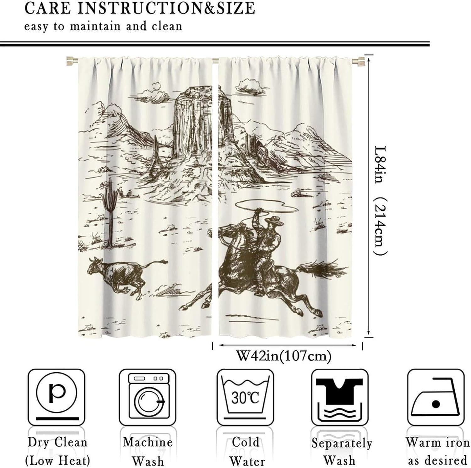 Vintage American Wilderness Western Cowboy Blackout Curtains for Bedroom,Sketch Style Western Cowboy Cacti Room Darkening Window Curtains with Rod Pocket - 2 Panels 84" L x 42" W