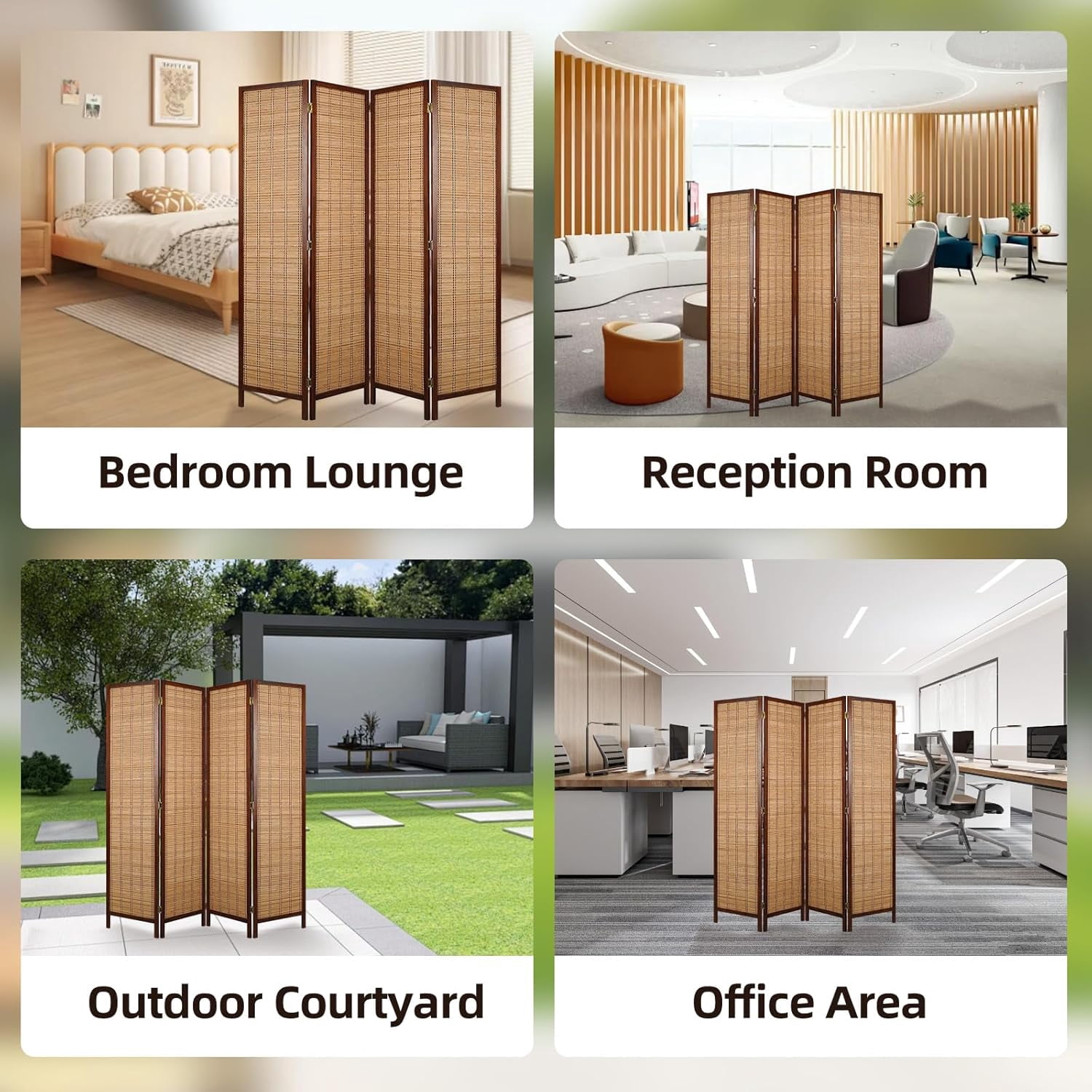 Olela Folding Bamboo Room Divider, 4 Panels Decorative Screens Wall Divider for Room Separation, 5.4ft Height Freestanding Privacy Partition for Living Room, Bedroom & Office, No Assembly