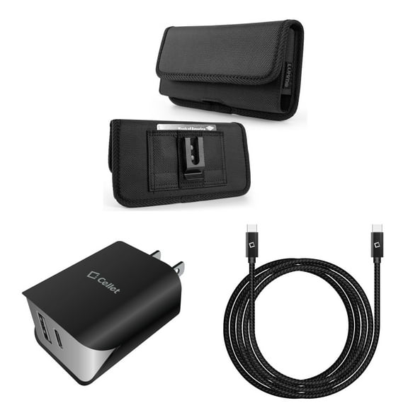 Holster and Wall Charger Bundle for Samsung Galaxy A13 4G: Horizontal Rugged Nylon Belt Pouch Case (Black) and UL Certified 18W Dual USB Port (Type-C & USB-A) Power Adapter