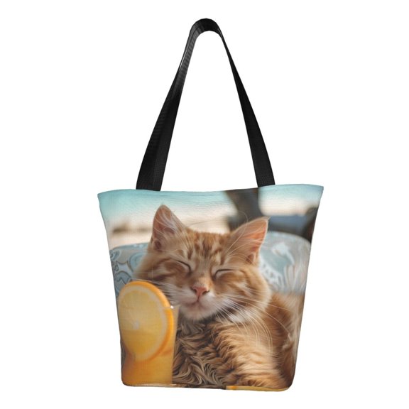 Fotbe Relaxing Cat With Orange Juice Pattern Beach Tote,Shoulder Handbag,Spacious Tote Bag,Lightweight Travel Bag,Versatile Shopping Bag