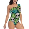 thumbnail image 3 of Sikiie Skull and Palm Leaves Print Women One Piece Swimsuits Tummy Control One Shoulder Bathing Suits Ruffle Swimwear, From S to XXL-X-Large, 3 of 6