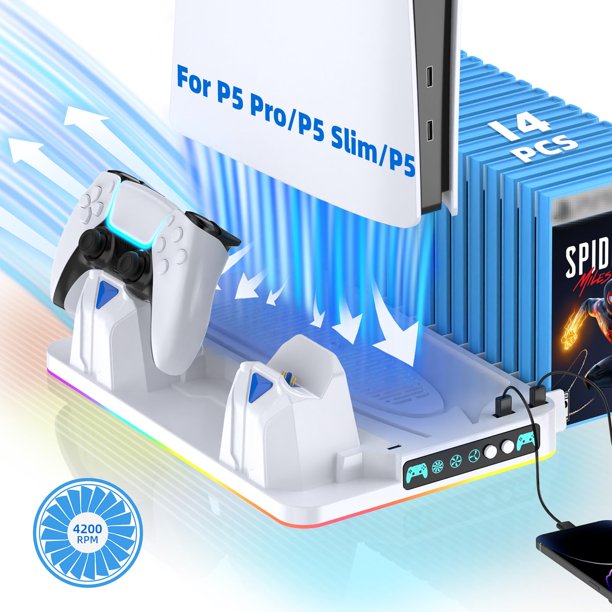 Dock de Enfriamiento para PS5 Pro / Slim, Cargador RGB, 14 Discos, Soporte para Auriculares