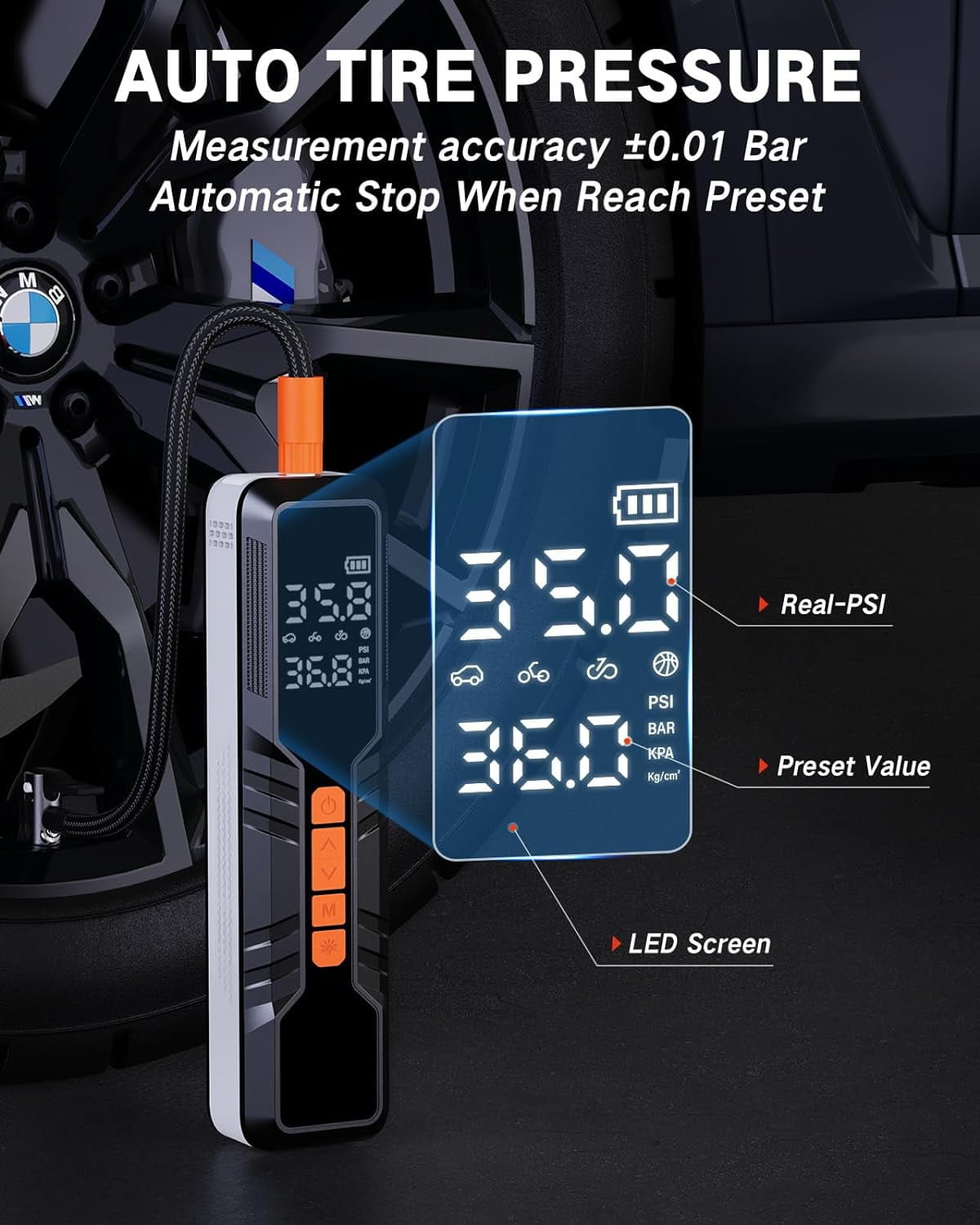 Tire Inflator Portable Air Compressor 150PSI, 4X Fast Electric Tire Pump, Air Pump for Car Tires with Digital Pressure Gauge/LED Light/Power Bank, Bike, Motorcycle, Ball, Car Accessories