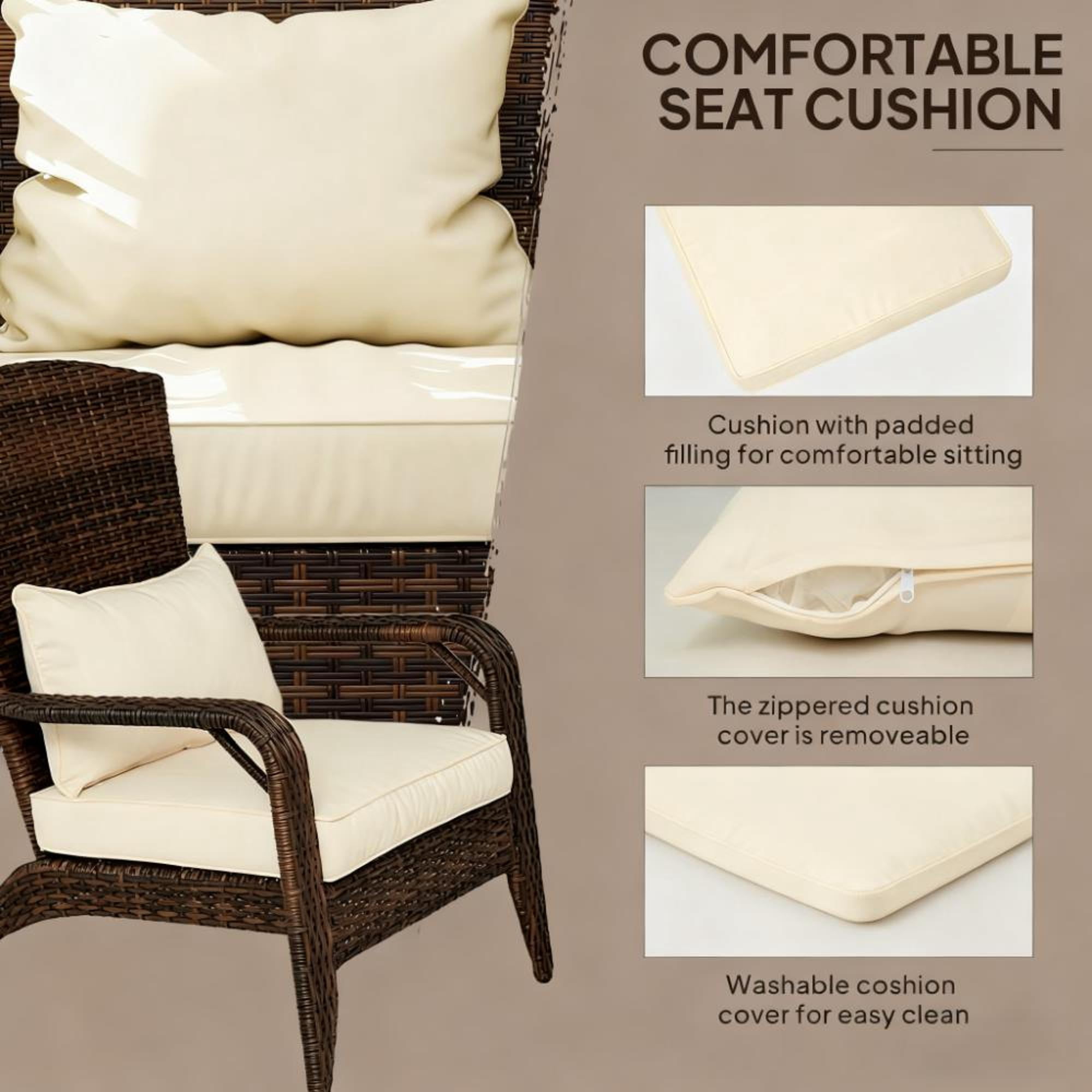 Outdoor Adirondack Chair with Tall Curved Backrest, Soft Cream Cushions | Walnut Brown Wicker | Rattan,Steel,Polyester