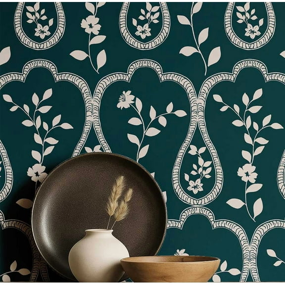 S4Sassy Modern Floral Trellis Print Wallpaper- Green Bohemian Walls Covering, 25" x 60" Self-Adhesive Vinyl Wall Paper, Decorative Wallwrap, Easy DIY Walls Covering For Bedroom, Living Space