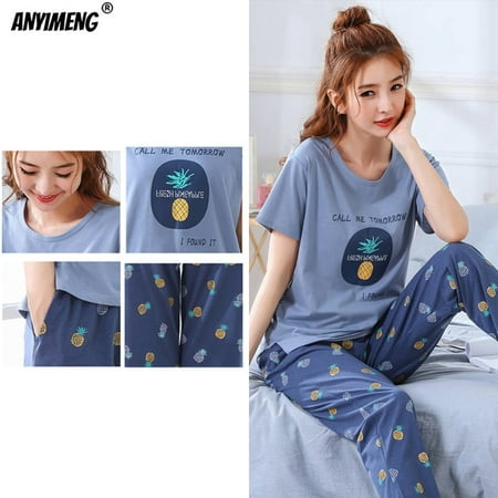 

New Sleepwear Cartoon Cotton Pajamas for Women Long Pants Short Sleeved Summer Spring Loungewear Fashion Home Clothing Homewear