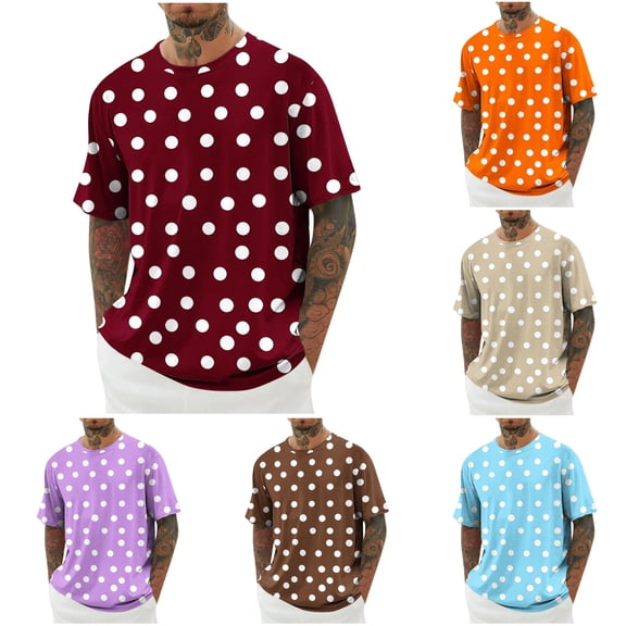 Rggeeun Mens Tee Shirts Dots Pattern Short Sleeve Crew Neck Loose Fit Soft Breathable for Summer Office Wear Casual Tees,Red,M
