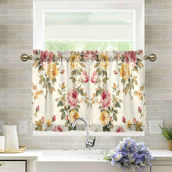 Wobogo Vintage Shabby Chic Floral Pattern with Roses Kitchen Curtains 2 Piece Set Farmhouse Country Style Light Filtering Small Window Drapes Suitable for Bathroom Laundry Room and RV 27x24in