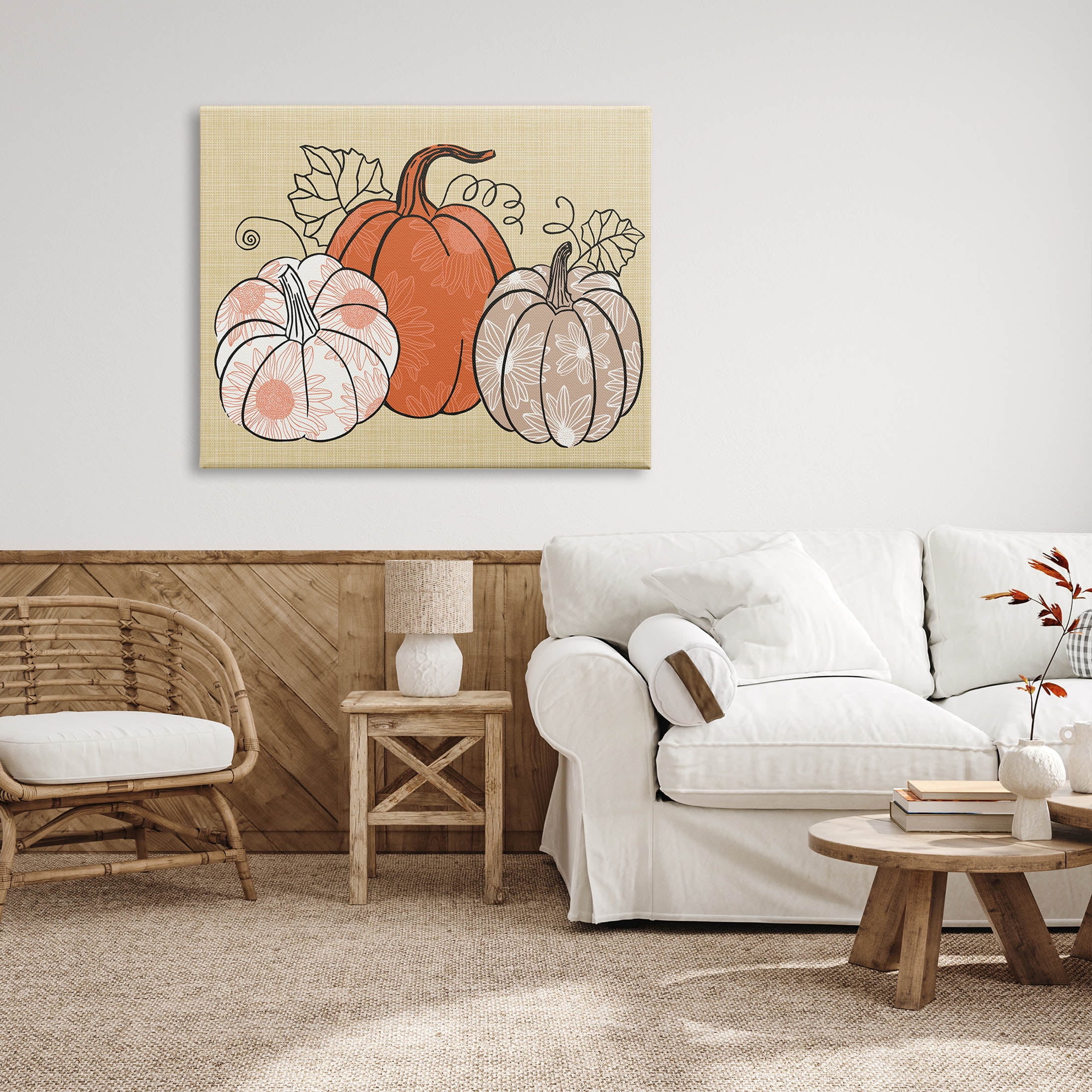 Autumnal Pumpkins Sunflower Pattern Holiday Graphic Art Gallery Wrapped Canvas Print Wall Art