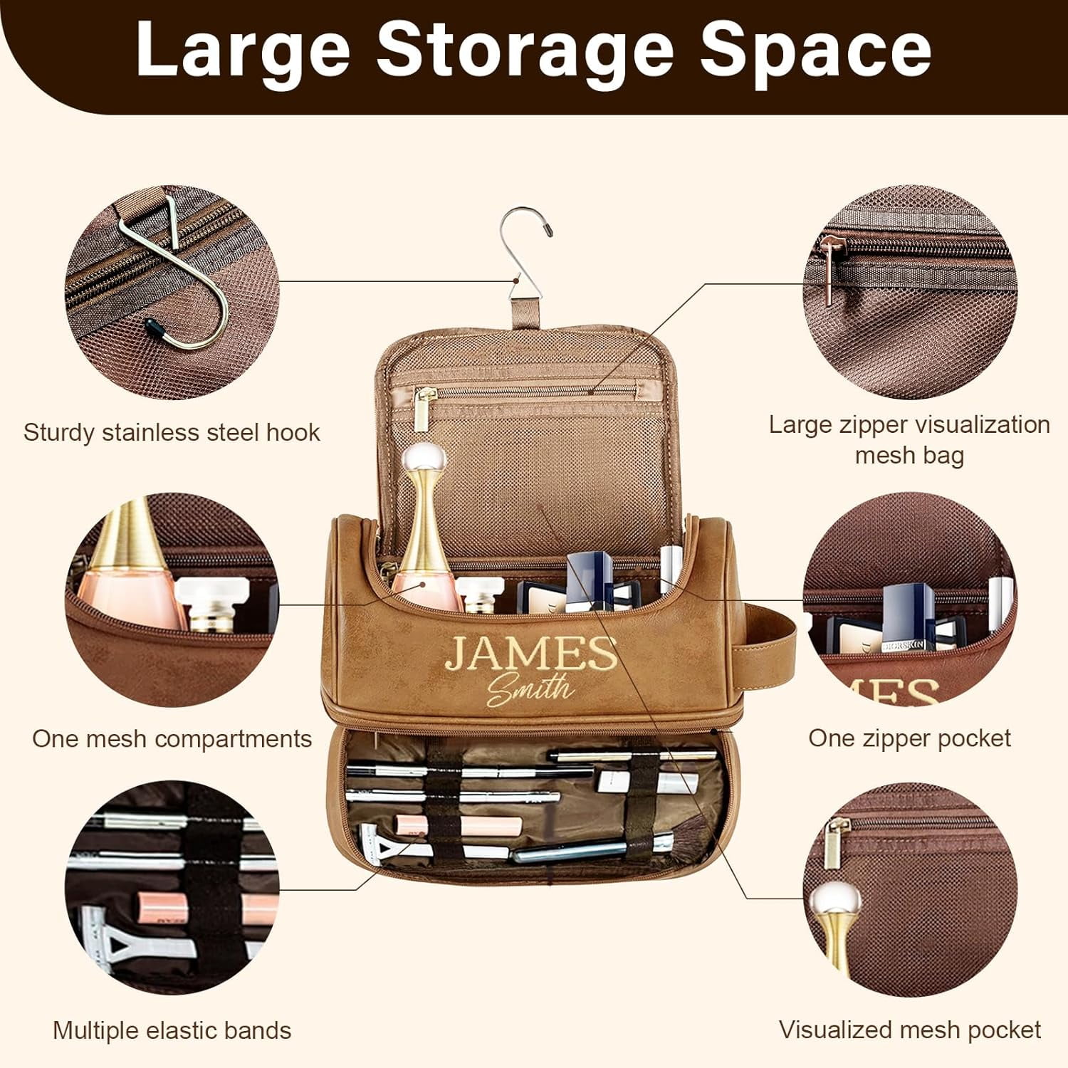 Personalized Gifts for Men, Mens Personalize Toiletry Bag, Custom Leather Toiletries Travel Bag, Customize Shaving Kit, Men's Gift Ideas for Christmas（Lightbrown）