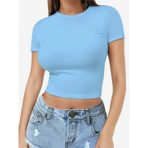 Women's Short Sleeve Crop Tops Crew Neck T Shirt Sexy Tee