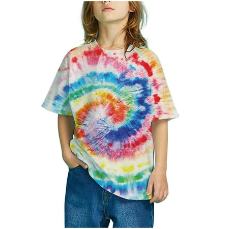 

XMMSWDLA Deals Clearance Girls Tops Girls Casual Loose Tshirt Short Sleeve Cartoon Pattern Tops Child Crewneck Summer Outfit Gradient Print Tops
