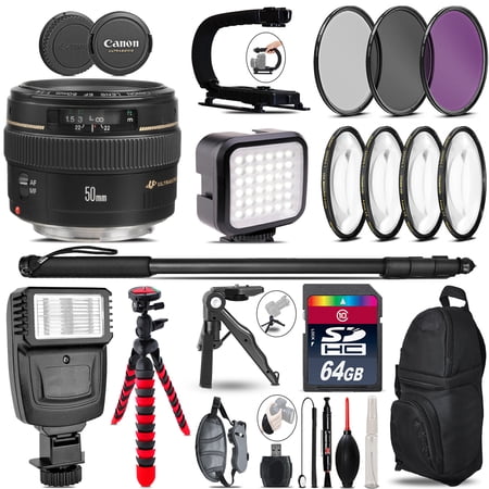 Canon 50mm f/1.4 USM - Video Kit + Slave Flash + Monopad - 64GB Accessory Bundle