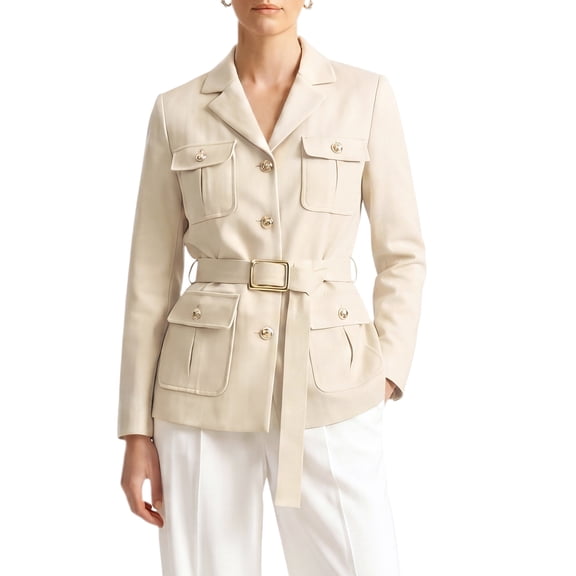 INSPIRE CHIC Women's Single Breasted Blazer Notched Lapel Long Sleeves Work Business Suit Jacket with Belt Small Apricot