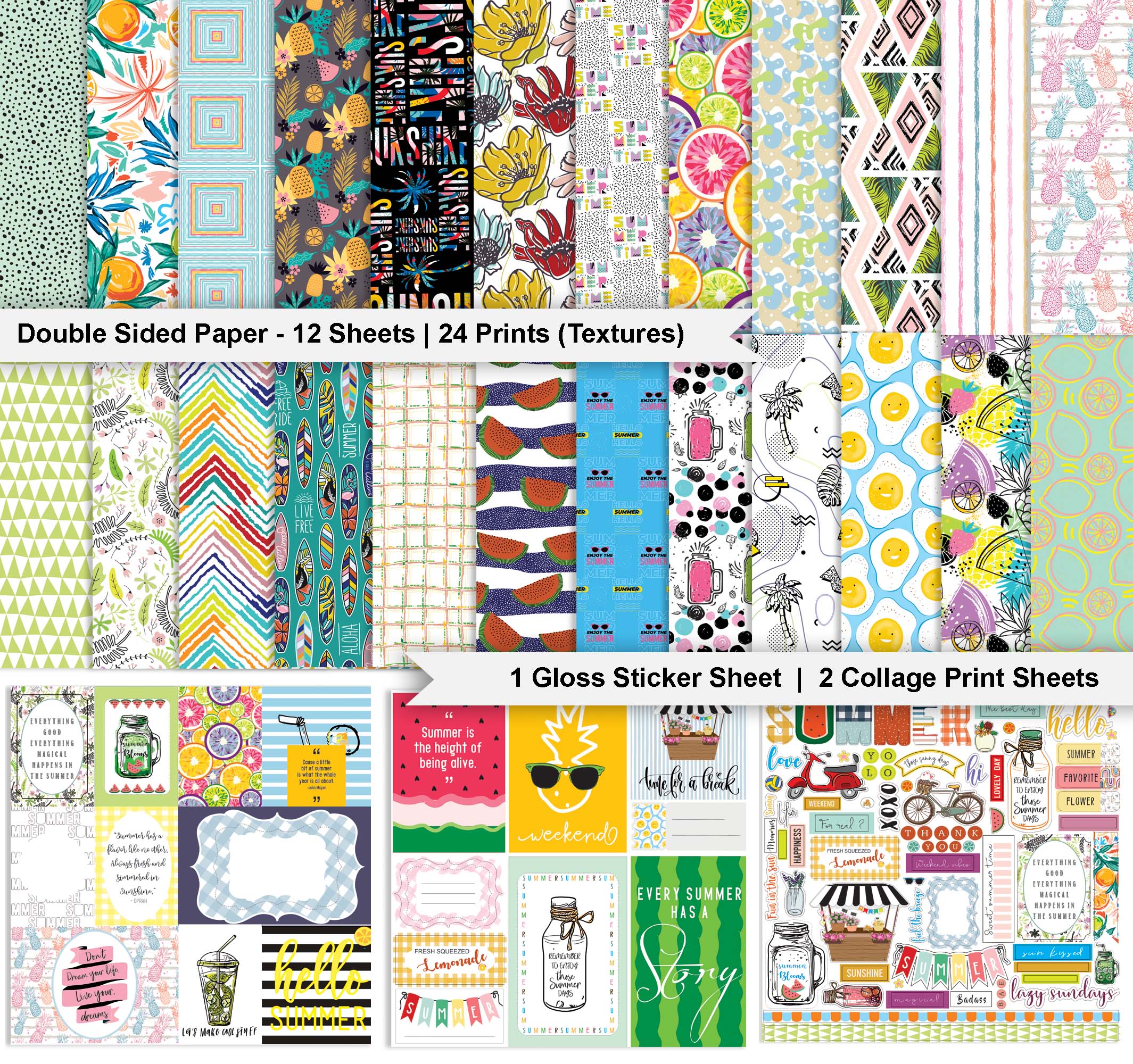 Inkdotpot Summer Theme Collection Double-Sided Scrapbook Paper Kit Cardstock 12"x12" Card Making Paper Pack With Sticker Sheet - 16 Pages - Multicolor