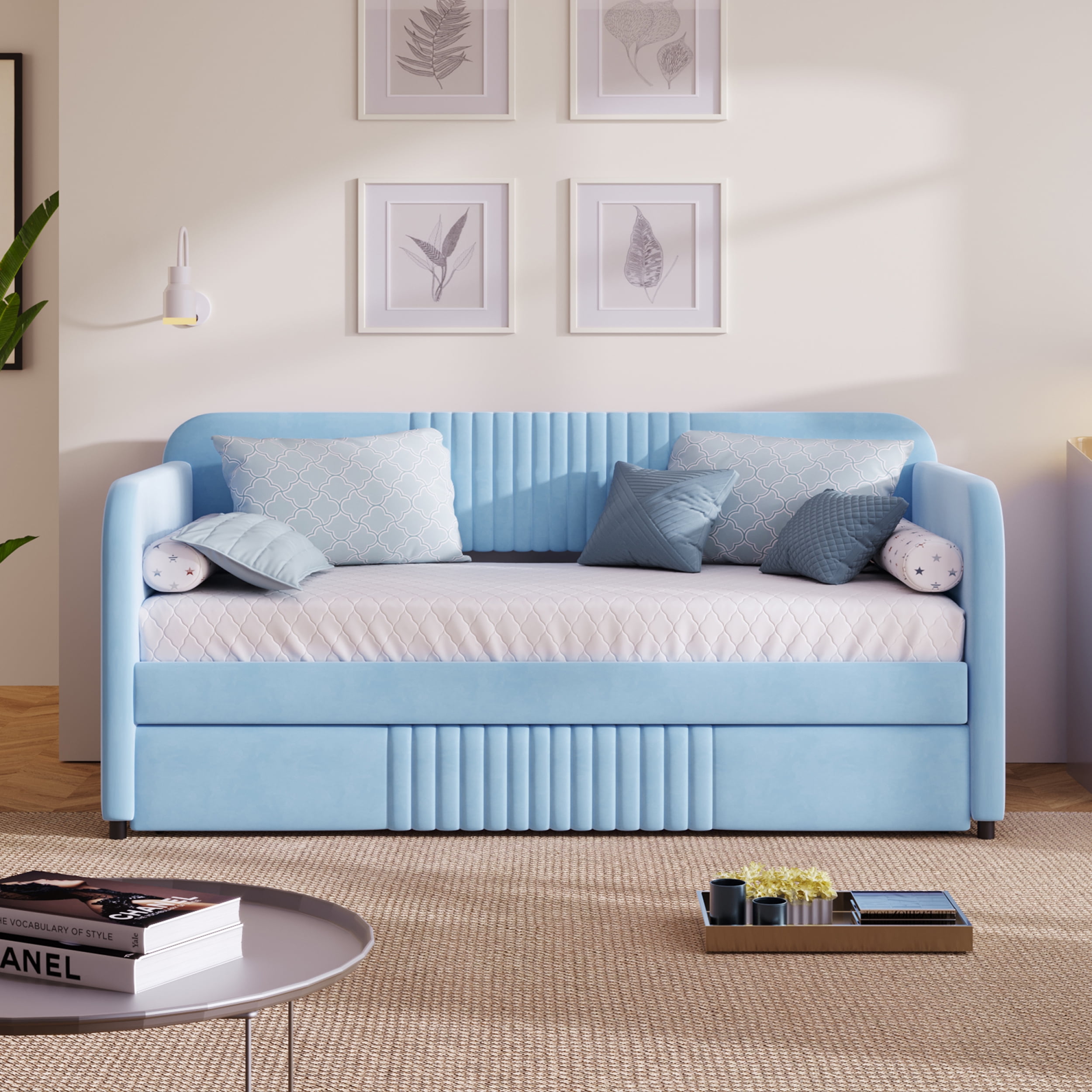 Upholstered Daybed Sofa Bed Twin Size With Trundle Bed and Wood Slat, Light Blue 27AAC