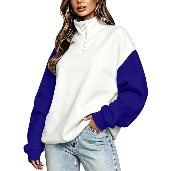 Atogsazn Women's 1/4 Zip Colorblock Sweatshirt Casual Oversized Long Sleeve Sweatshirt Pullover Tops Fall Winter Clothes Blue L Fashion
