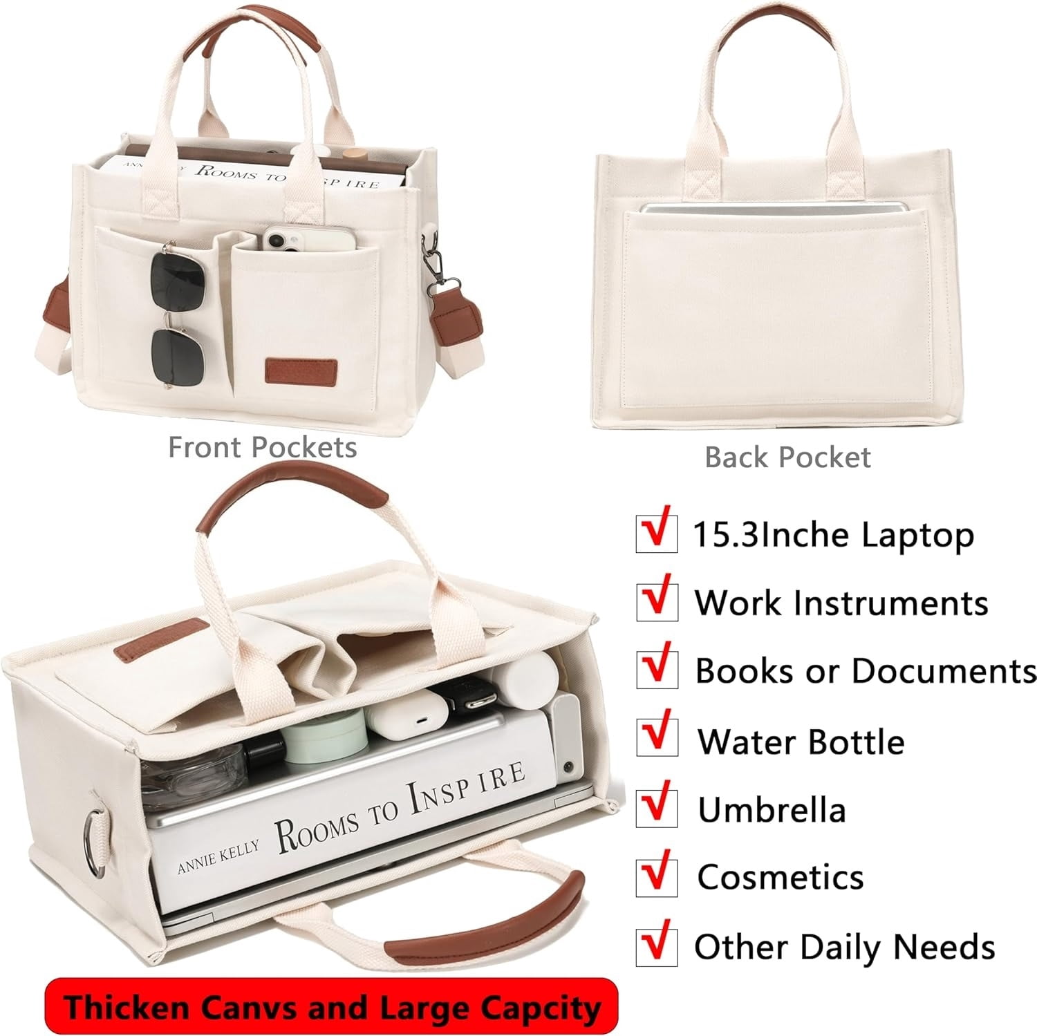 Tote Bag for Women With Compartments,Large Canvas Totes Women's Purse Crossbody Bags Work Laptop Book Bag Shoulder Handbags Khaki