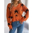 thumbnail image 3 of V Neck Star Pattern Distressed Detail Cropped Sweater for Women Orange Large, 3 of 5