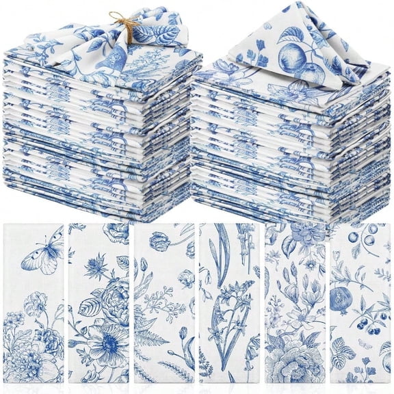 Cloth Napkins 15 x 15 Inch Reusable Soft Fabric Napkins Washable Plants Floral Square Napkin Cotton Dinner Towel Decorative for Summer Fall Party Blue White Flower48 Pcs