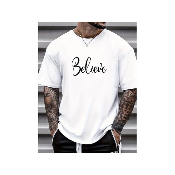 Men'S Cotton T-Shirt - "Believe" Graphic, Casual Crew Neck, Short Sleeve, Lightweight & Breathable for Summer, outdoor Sports Tee