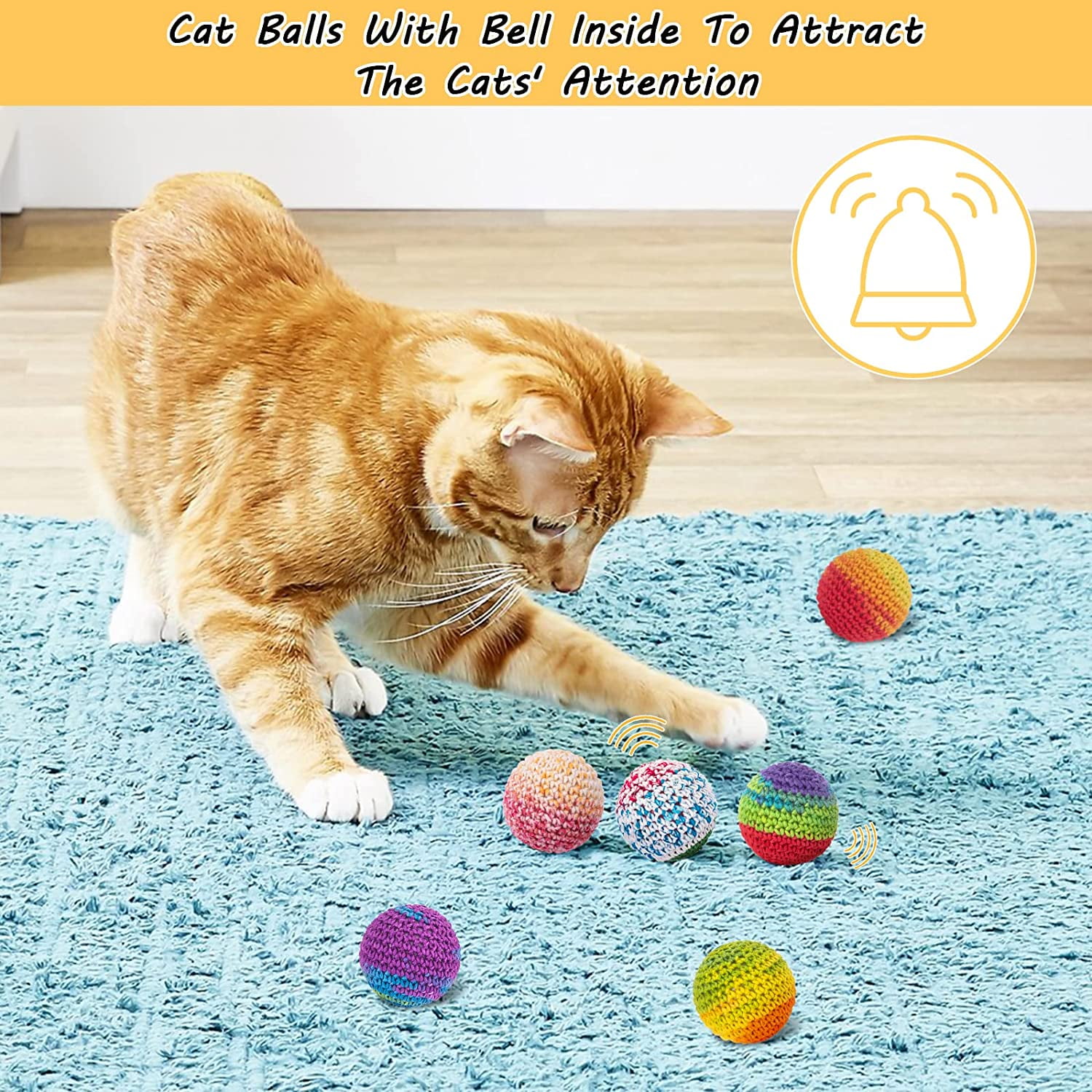 Cat Toys Balls, Yarn Cat Ball with Bell Inside, Kitten Toys for Indoor Cats Kitty, Interactive Cat Nip Chew Toys for All Pet Breed 6 Pack