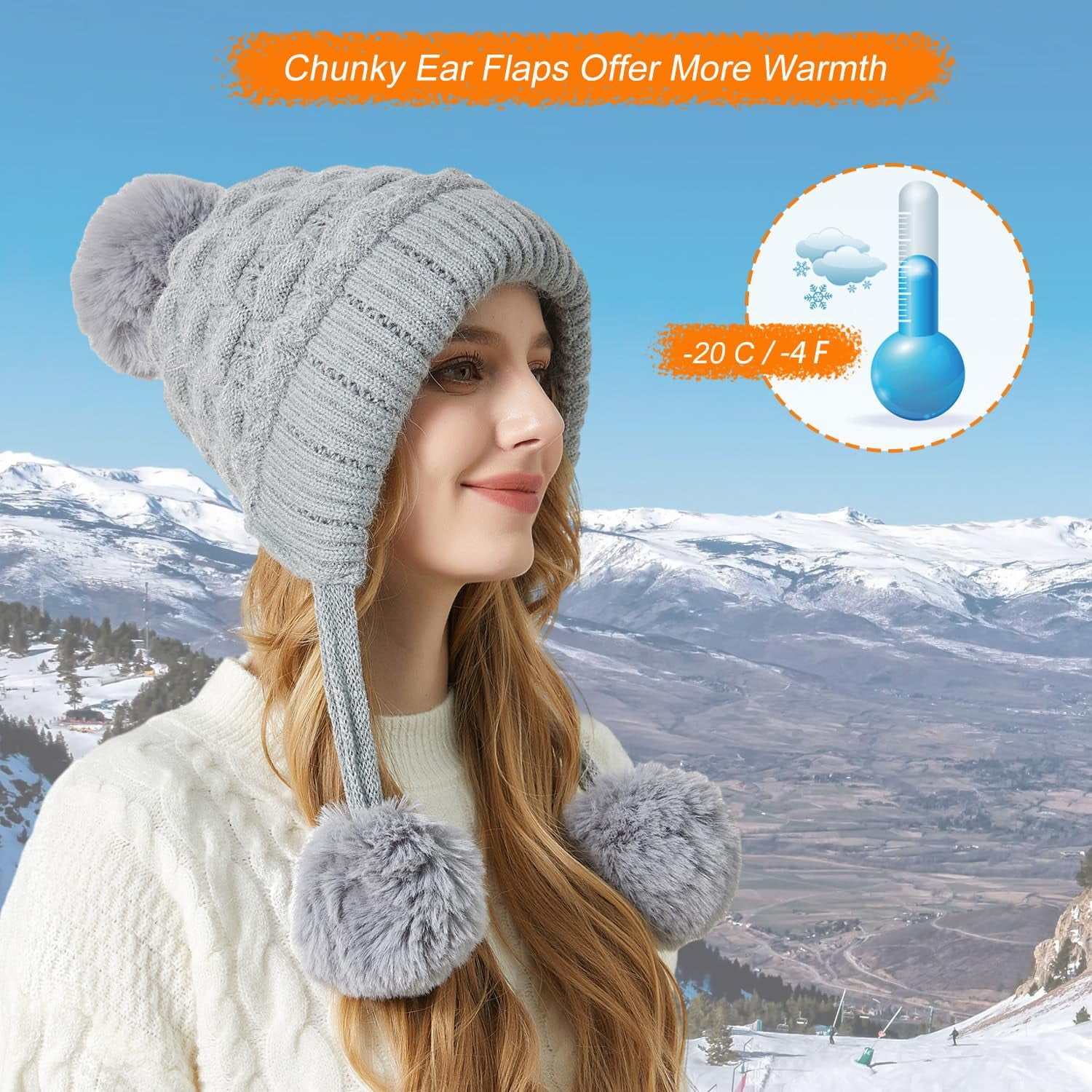 Zhengup XL Size Women Winter Sherpa Beanie Hats Knit Ear Flaps Peruvian Cover Ears Fleece Lined Fluffy Ski Snow Hat Large Head
