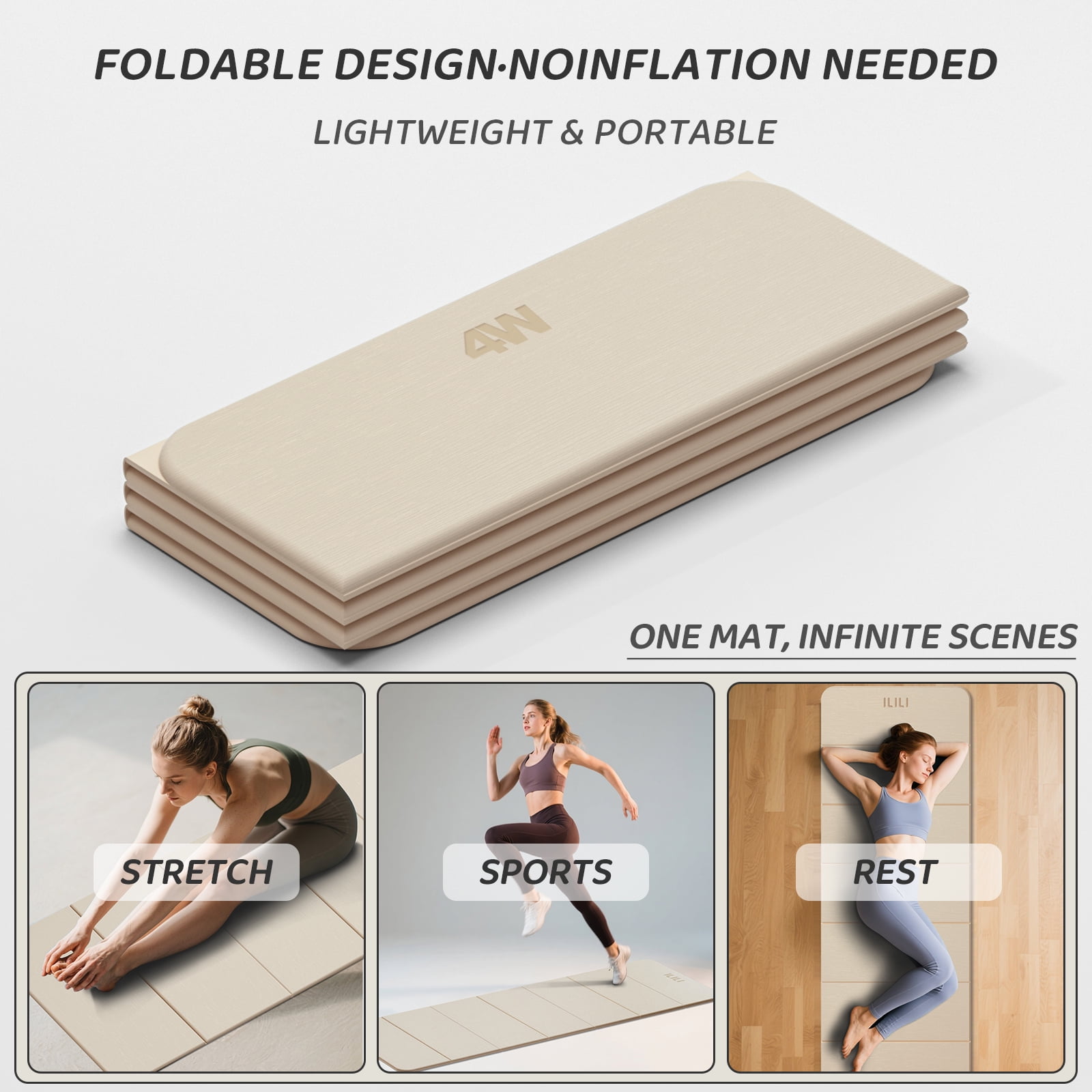 4W Foldable Yoga Mat 8mm Thick, TPE Non-Slip Fitness Mats, 3-in-1 for Yoga/Step Stool/Meditation, Quick Storage No Curling(Beige)