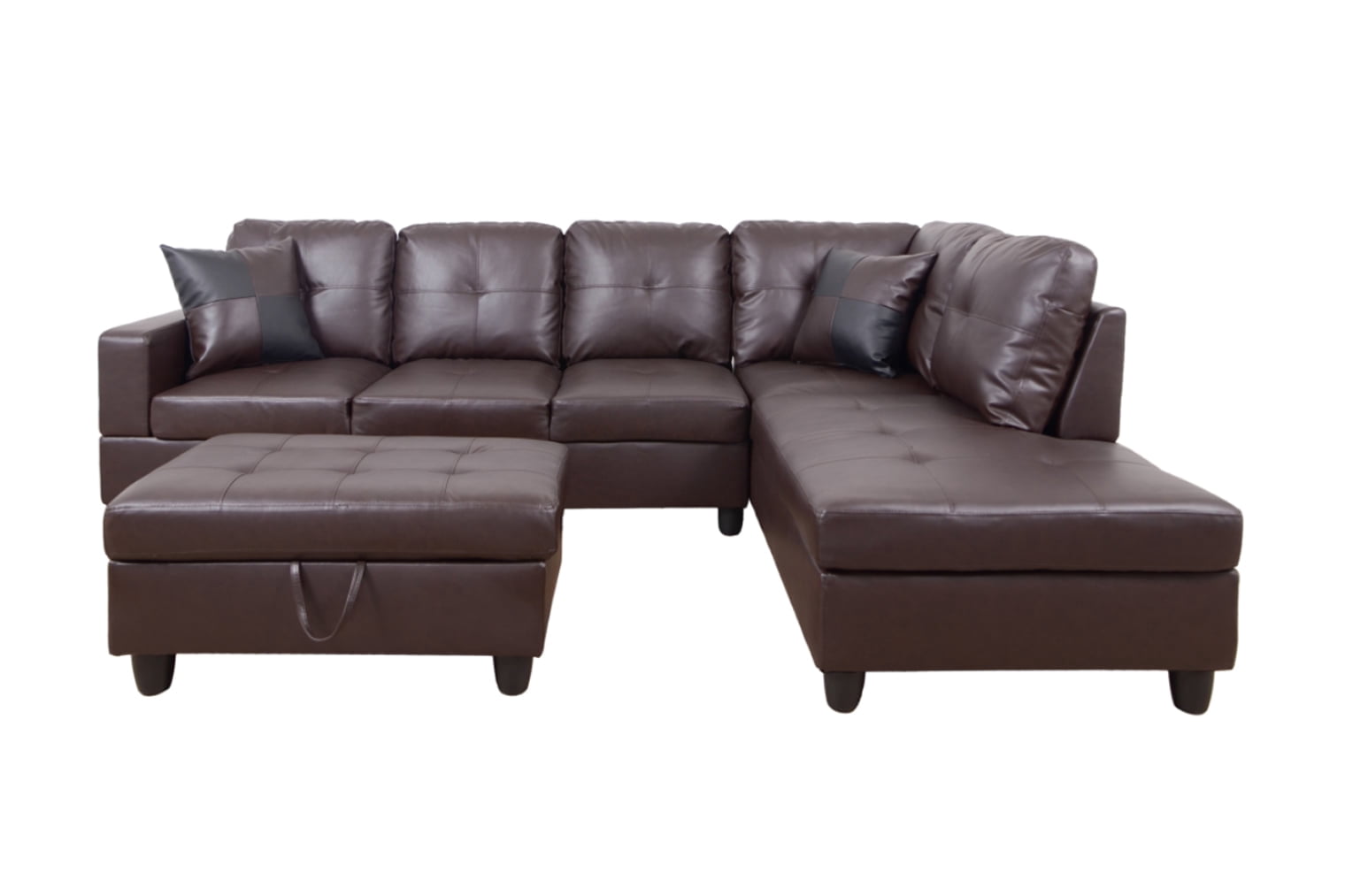 PonLiving Furniture Brown Faux Leather 3 Piece Sectional Sofa Couch Set, L-Shaped Modern Sofa with Chaise Storage Ottoman for Living Room Furniture, Right Hand Facing