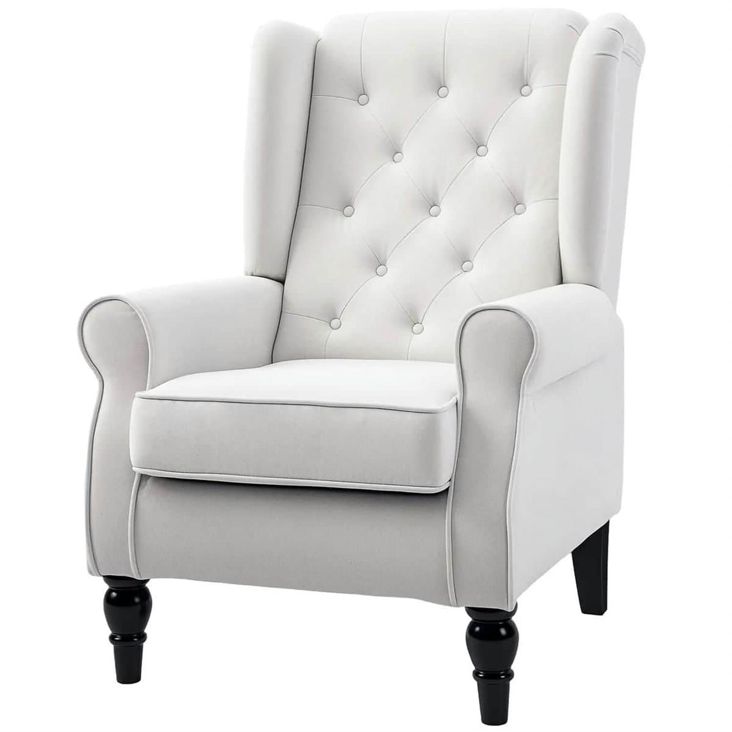 Demi Bonn 40" Modern Upholstered Armchair with High Back Button Tufted, Mid-Century Retro Wood Leg Chair for Living Room, Bedroom, White