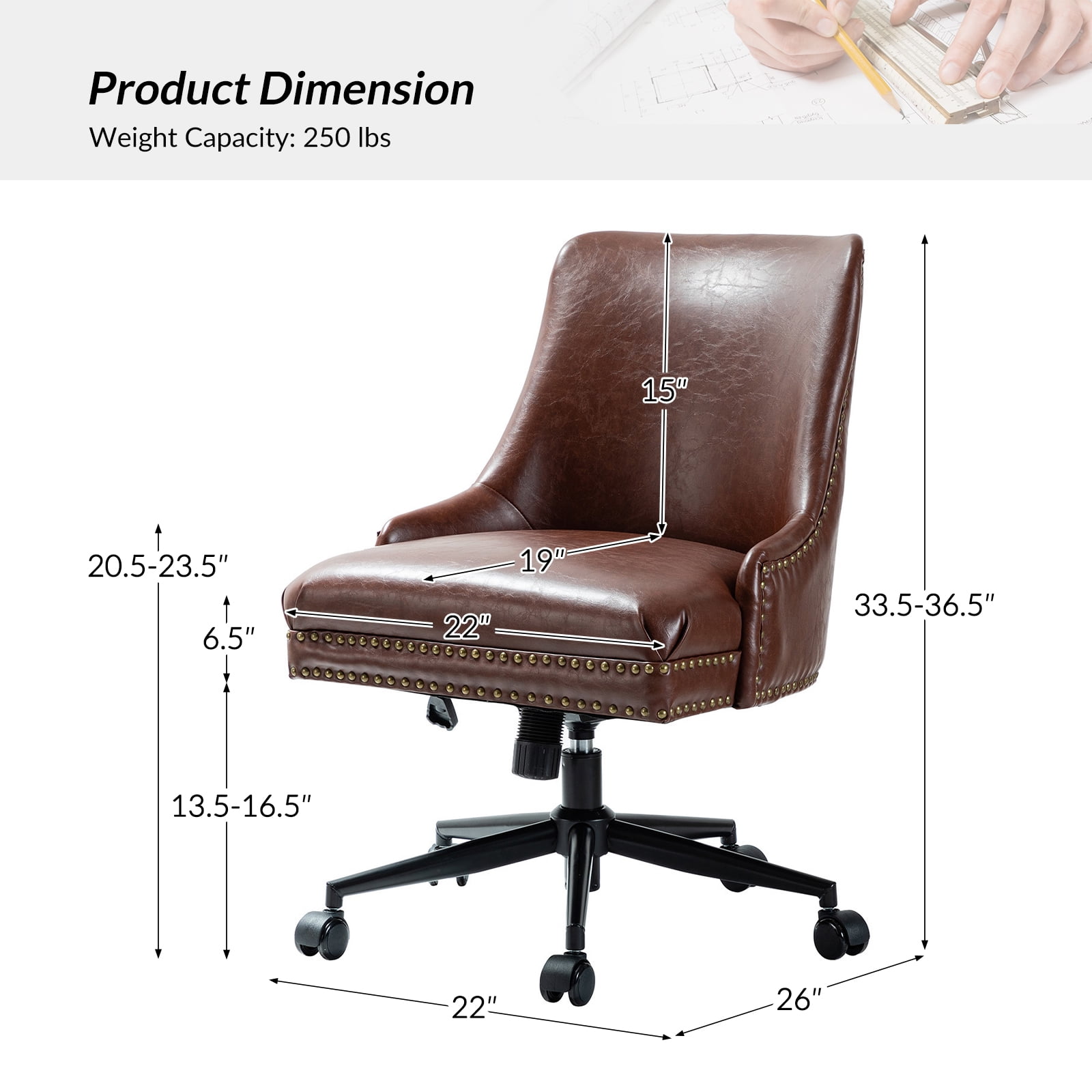 Vegan Leather Task Chair Swivel Home Office Chair Height Adjustable Mid-back Upholstered Nailhead Trim Bedroom Brown