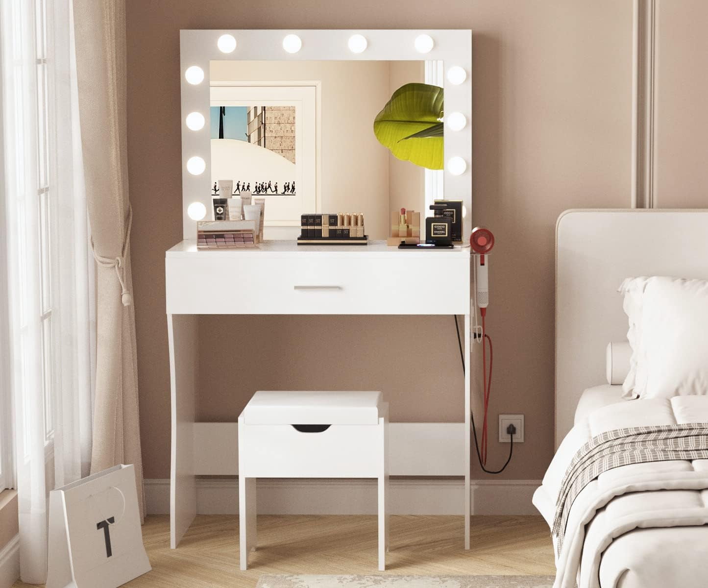 VEANERWOOD Vanity Set with 3 Color Lighted Mirror Makeup Table 55" with Charging Station Large Drawer, White
