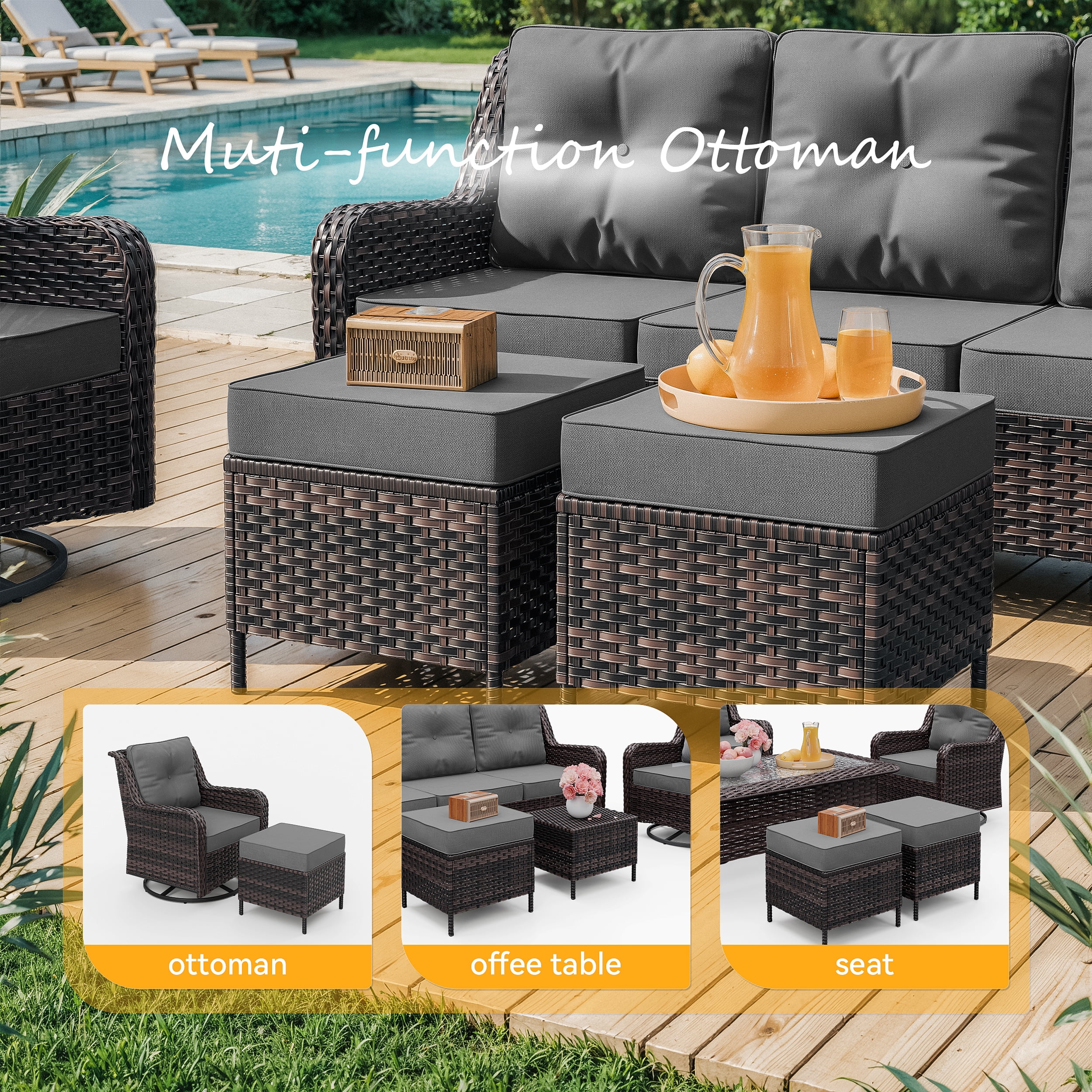 Gotland 5-Piece Outdoor Patio Furniture Set, 2 Wicker Swivel Chairs, 1 Side Table & 2 Ottomans, All-Weather Conversation Set for Backyard, Porch, Deck, Gray