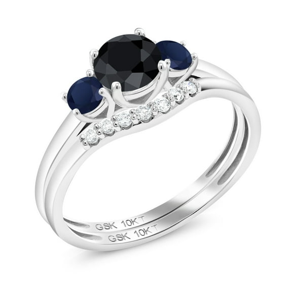 10K White Gold Black Sapphire and Blue Sapphire and White Lab Grown Diamond 3-Stone Bridal Engagement Wedding Ring Set for Women (1.07 Cttw, Gemstone September Birthstone, Round 5MM, Size 9)