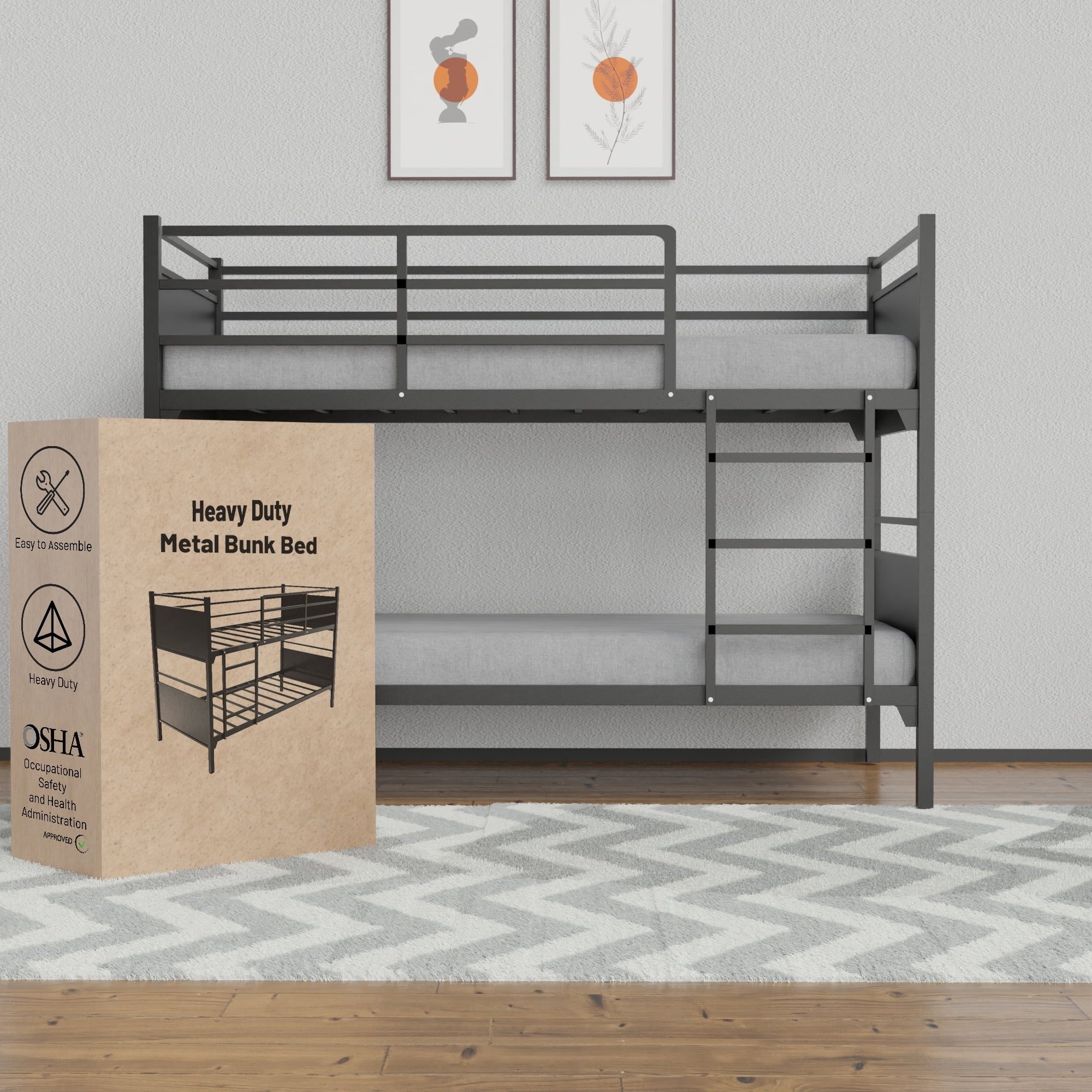 Continental Sleep, Metal Bunk Bed, Heavy Frame, Commercial Use, Kids Camps & Shelter, Twin, Black.