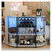 Wine Bar Cabinet with LED Lights and Power Outlets, Freestanding Coffee Liquor Bar Cabinet with Glass Holder, Wine Rack Table for Home Kitchen Dining Room (White)