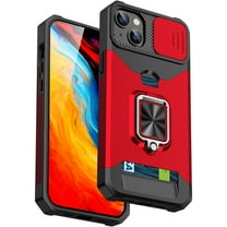 ShellTech Case for iPhone 15,Shockproof Rubber Ring Holder Kickstand Case Magnetic Card Slot Slide Camera Lens Protection Back Cover,Red