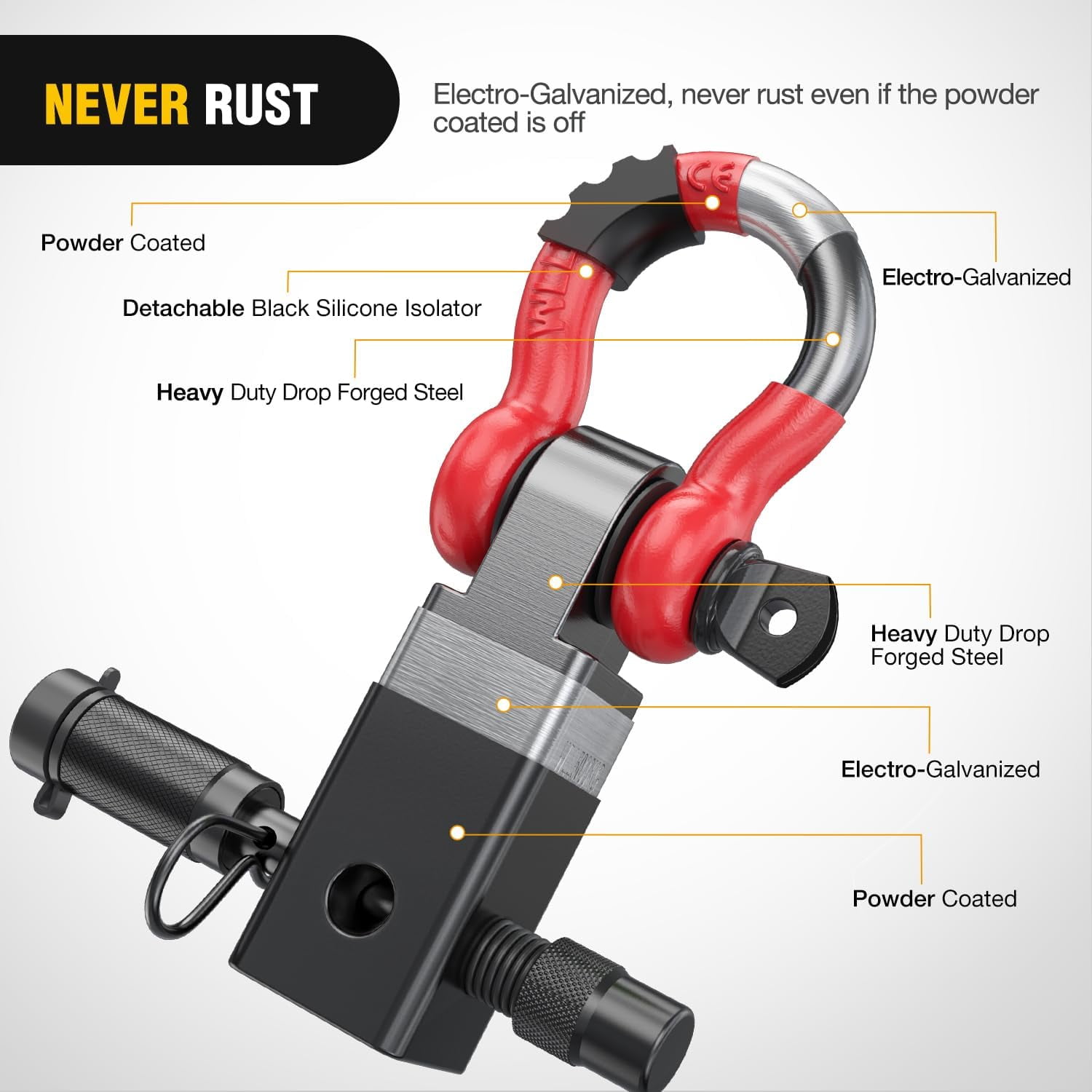 Nilight Anti Theft Shackle Hitch Receiver 2 Inch D Ring Recovery Hitch with 5/8" Hitch Lock Pin 3/4" Shackle 45000 LBs Breaking Strength Heavy Duty Towing Kit Red Black