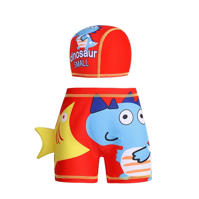 SDNall Children's Swim Shorts Set With Matching Cap, Elastic Waist Flat-Front Sporty Printed Trunks For Boys And Girls