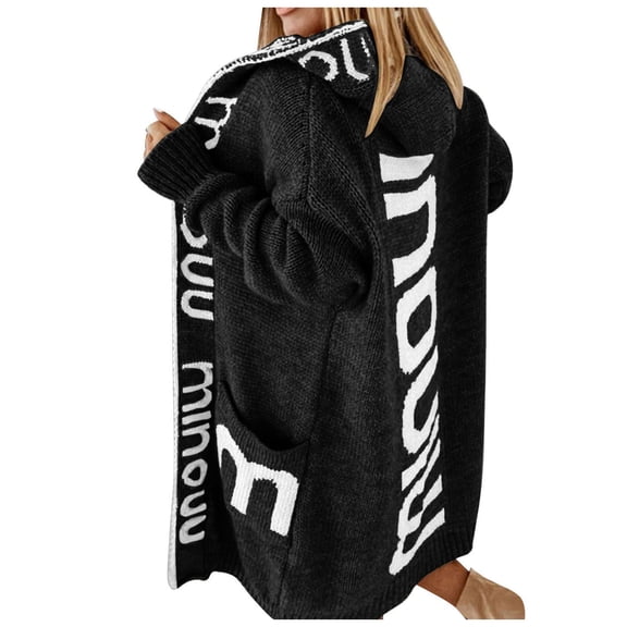 SGMVNU Long Cardigan Sweaters for Womens Cable Knitted Open Front Oversized Hooded Outerwear Sweater Coat with Pockets Black, Size M