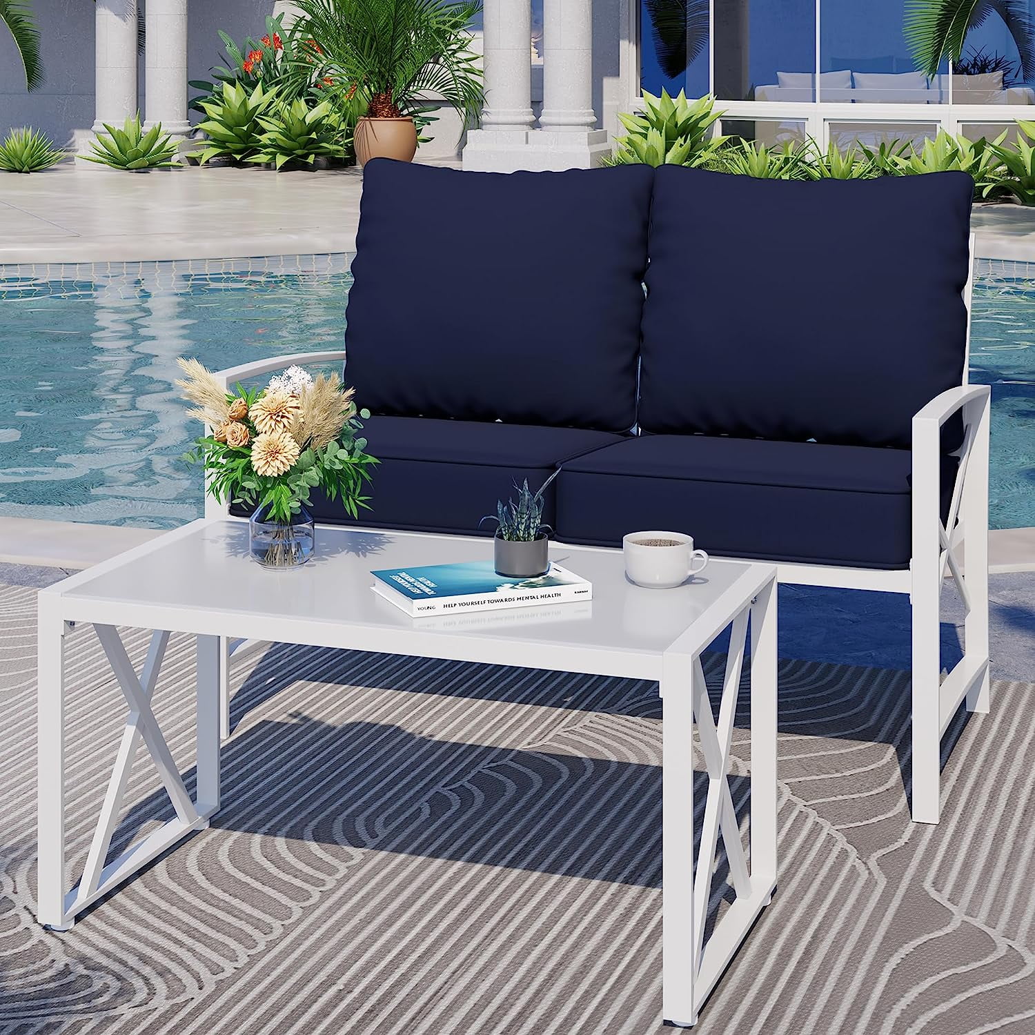 SHMAMT 2 Piece Outdoor Furniture Sets, White Metal Sofa Conversation
