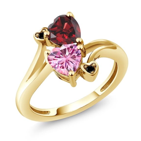 Gem Stone King 18K Yellow Gold Plated Silver Red Garnet Pink Moissanite and Black Diamond Ring for Women (1.83 Cttw, Heart Shape 6MM, Gemstone January Birthstone, Size 5)