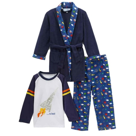 

Toddler Boys Plush Blue Blast Off Bath Robe & Pajamas Sleep Set Rocket Ship 4T