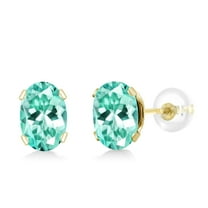 Gem Stone King 10K Yellow Gold Blue Apatite Stud Earrings for Women Men (1.05 Cttw, Gemstone Birthstone, Oval 6X4MM)
