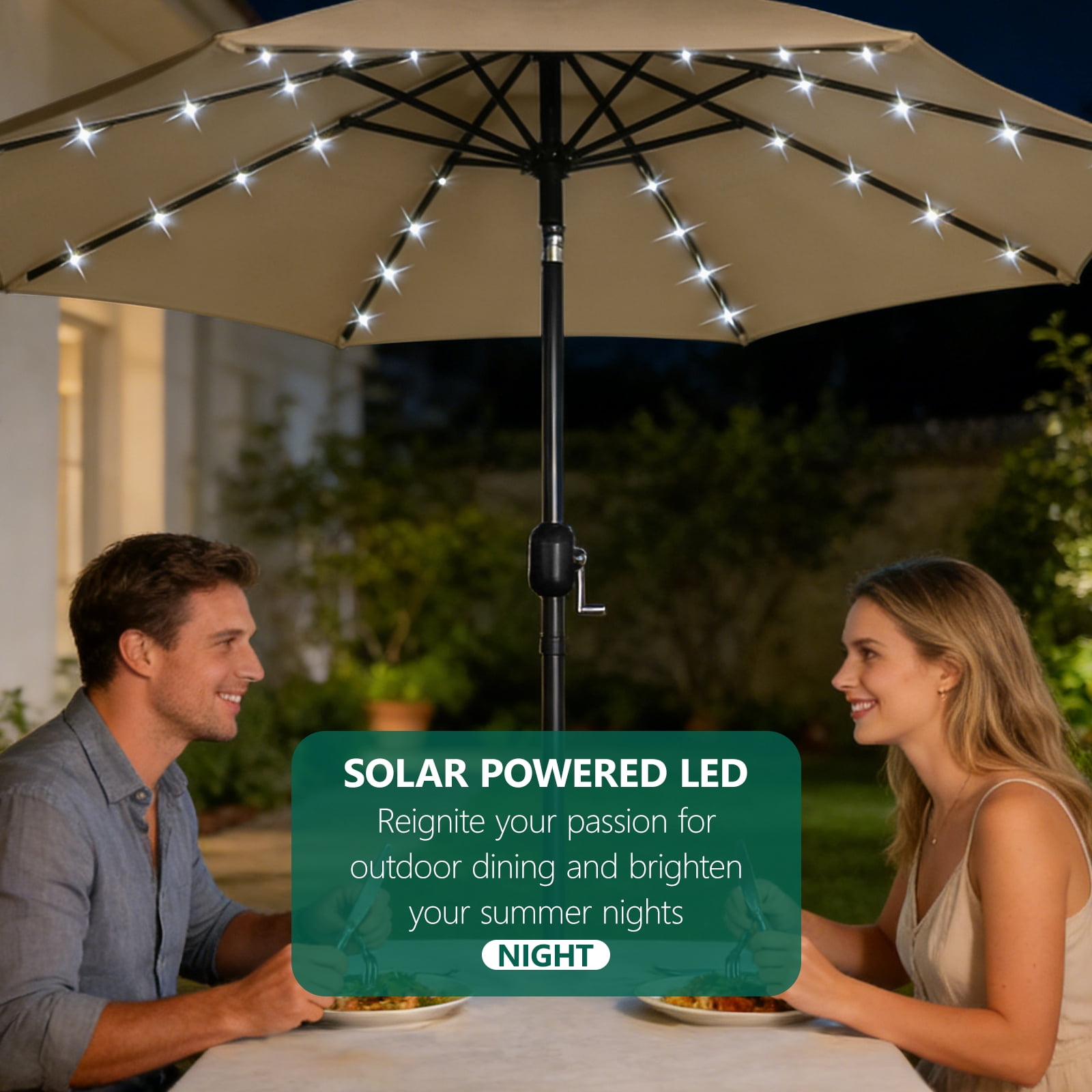 WLLJOY 9ft Solar Patio Umbrella, Tilt Adjustment LED Outdoor Umbrella with 8 Reinforced Ribs for Garden, Backyard, Pool, Khaki